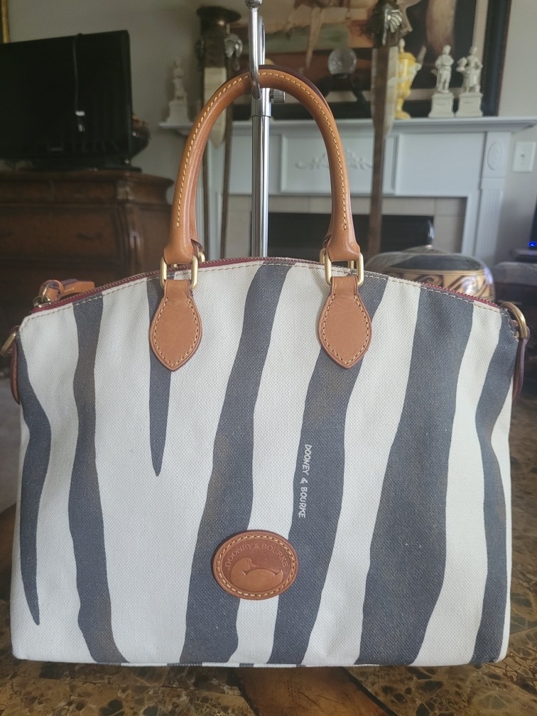 Dooney & Bourke Zebra Print Satchel With Tan Leather Trim